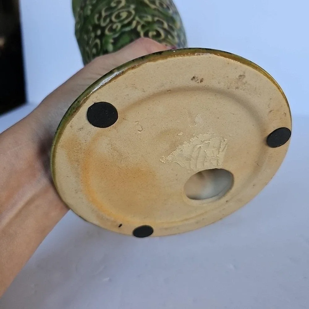 Vintage Pier 1 Imports Green Crackle Glaze Scroll Pillar Candle Holder 12